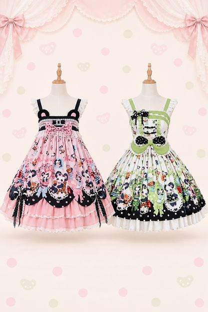 [Pre-order Deadline: October 25] Pink/Green Chinoiserie Lolita Sweet Panda Ear Bow High-Waist Tiered JSK Dress + Bow-Waist Panda Print Dress