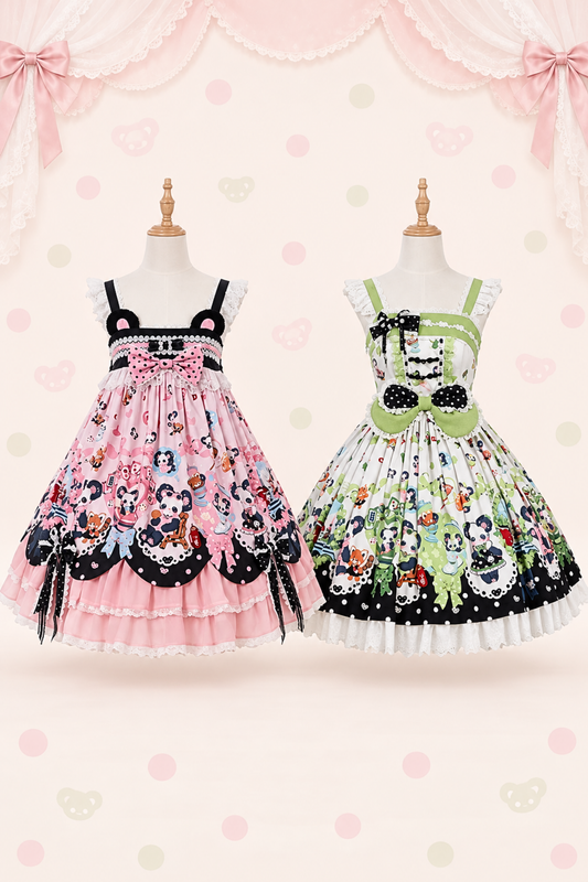 [Pre-order Deadline: October 25] Pink/Green Chinoiserie Lolita Sweet Panda Ear Bow High-Waist Tiered JSK Dress + Bow-Waist Panda Print Dress