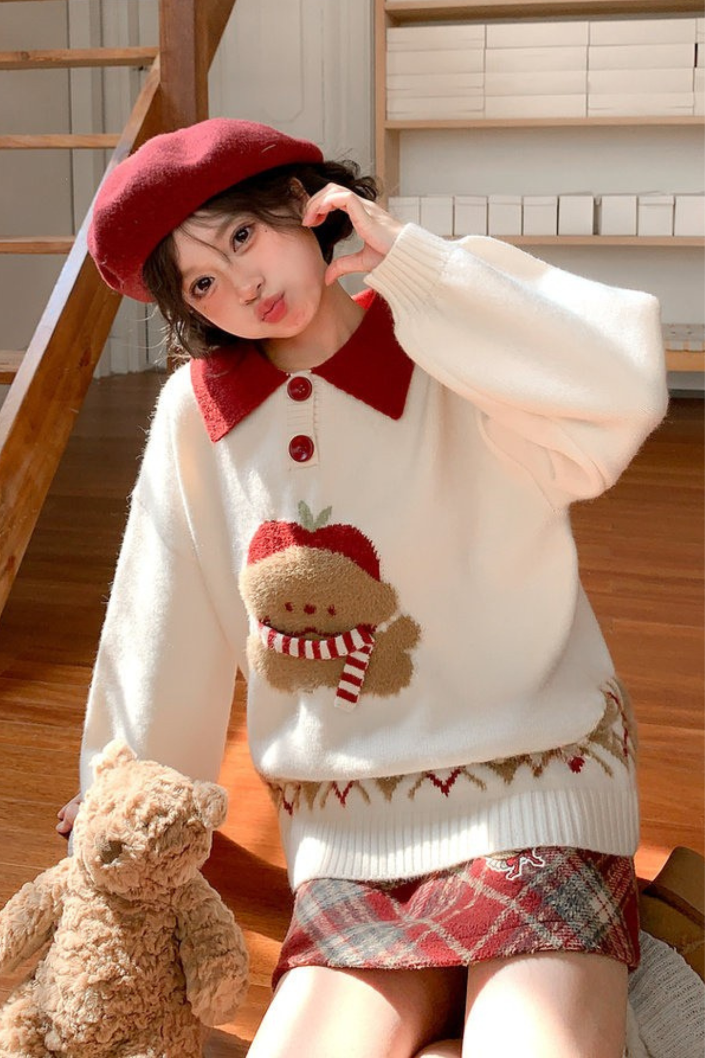 アニマルニットポロセーター+カーディガン