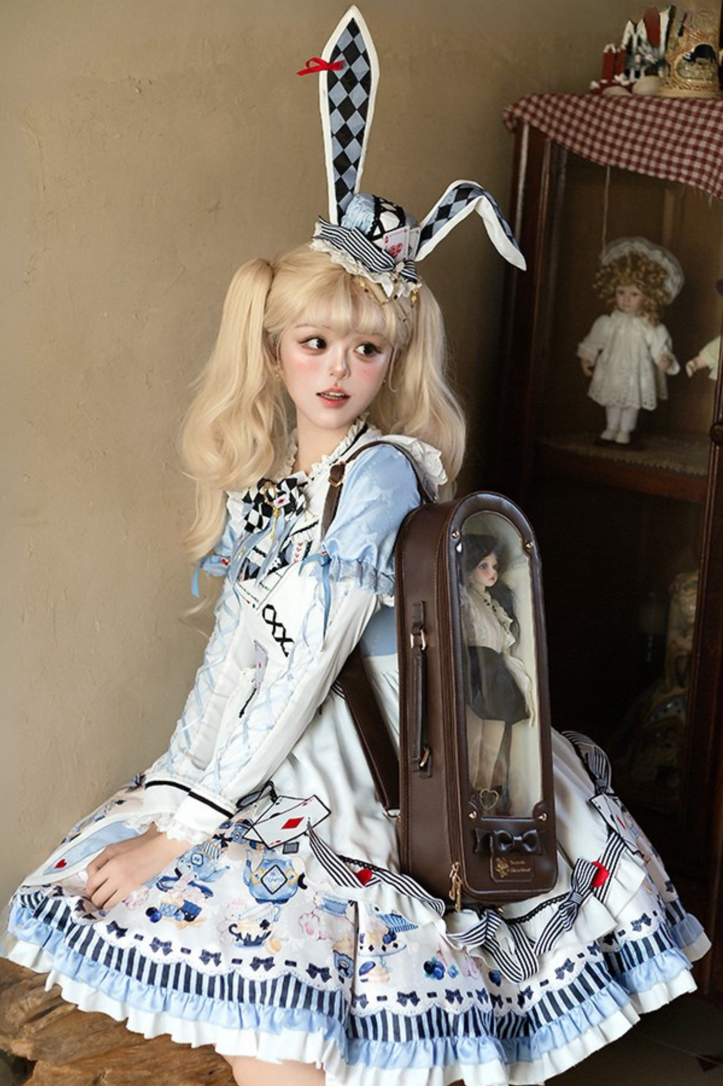 【数量限定】アリスティーパーティーアシメエプロンドレス＋うさ耳ハットドレスフルセット