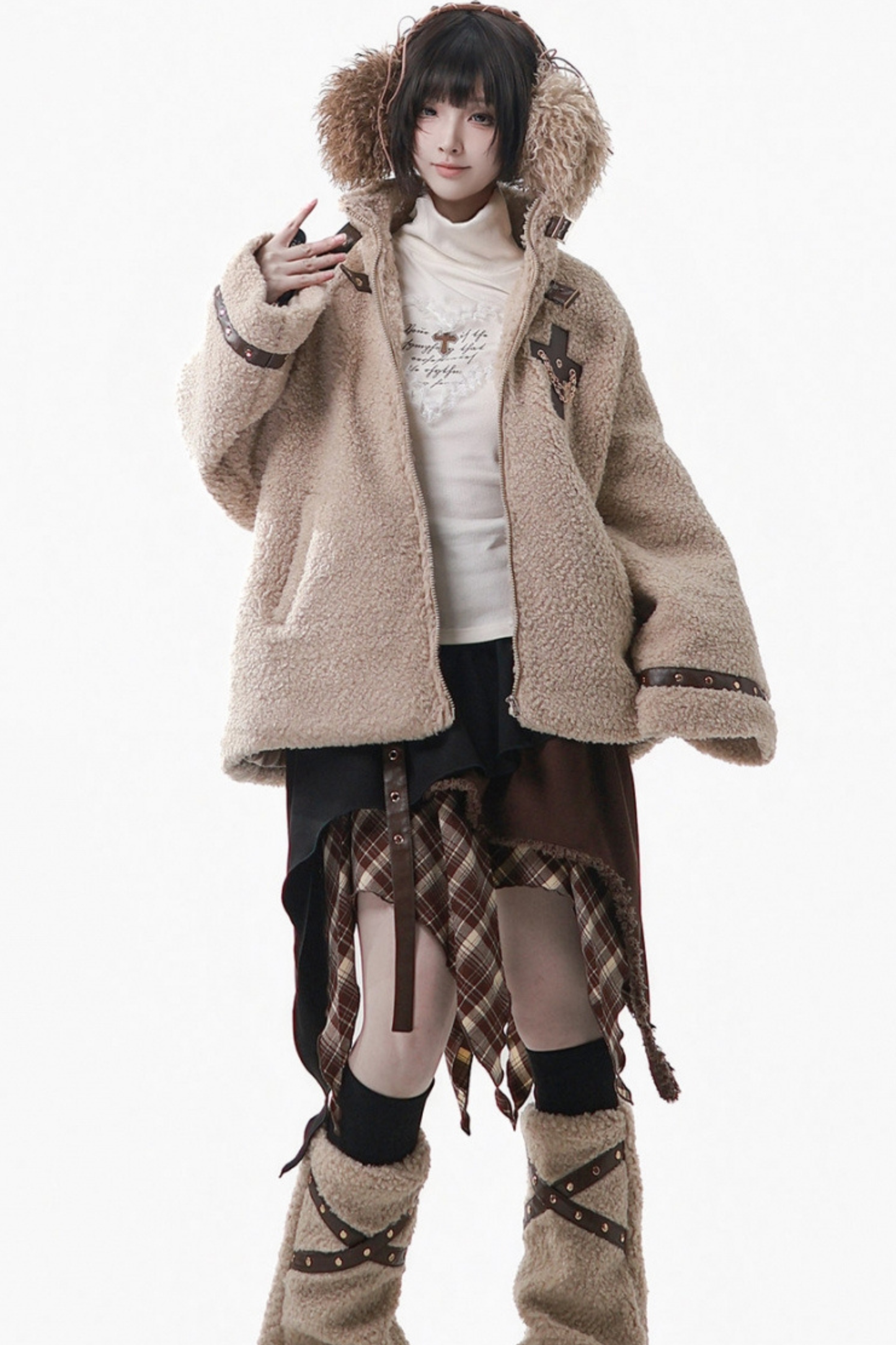 ヘーゼルナッツベルベットウールコート+チェックスカート+トップス+レッグカバー