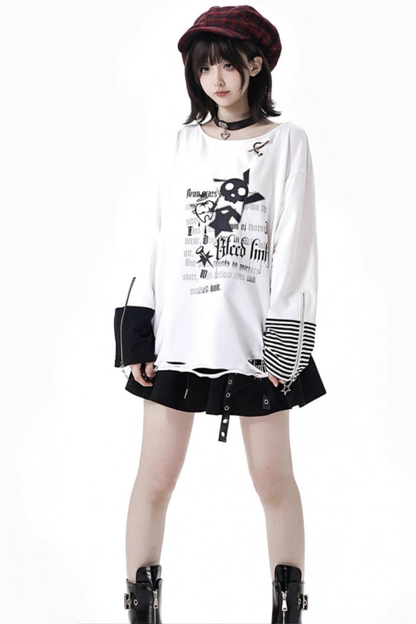 ストライプロックプリントフードジャケット+トップス+ロングパンツ+スカート