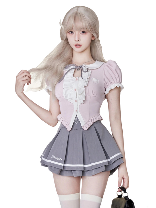 Hanyuan daughter [5/6 20 o'clock new 9.5 full 300-30] pink top + gray skirt
