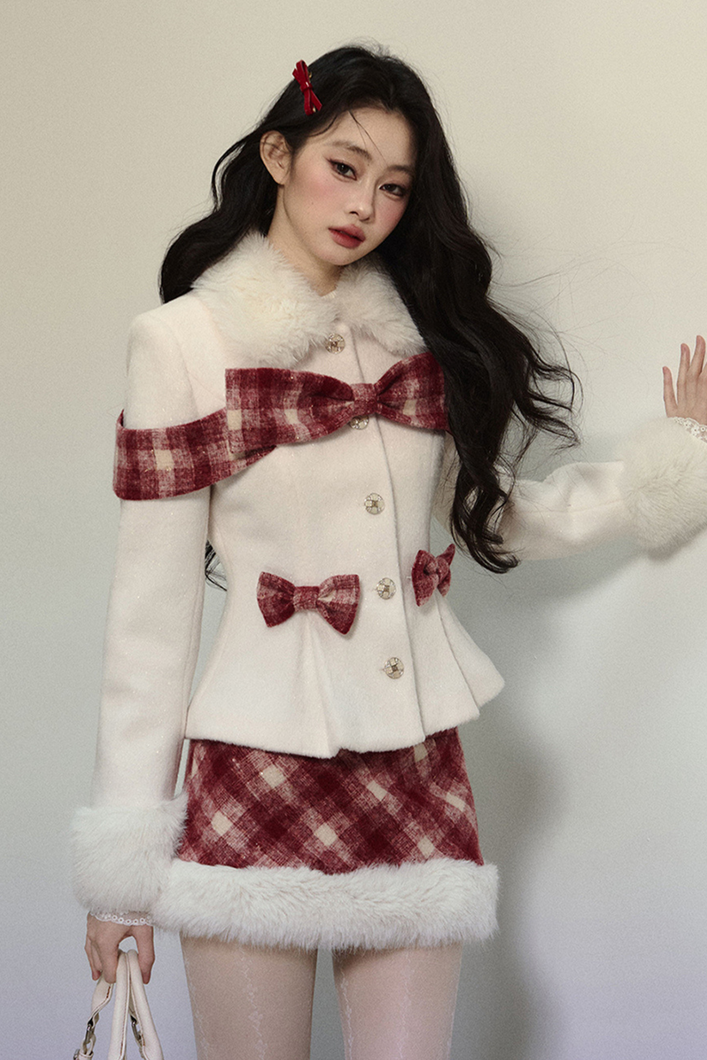 Check Ribbon Coat + Fur Check Skirt