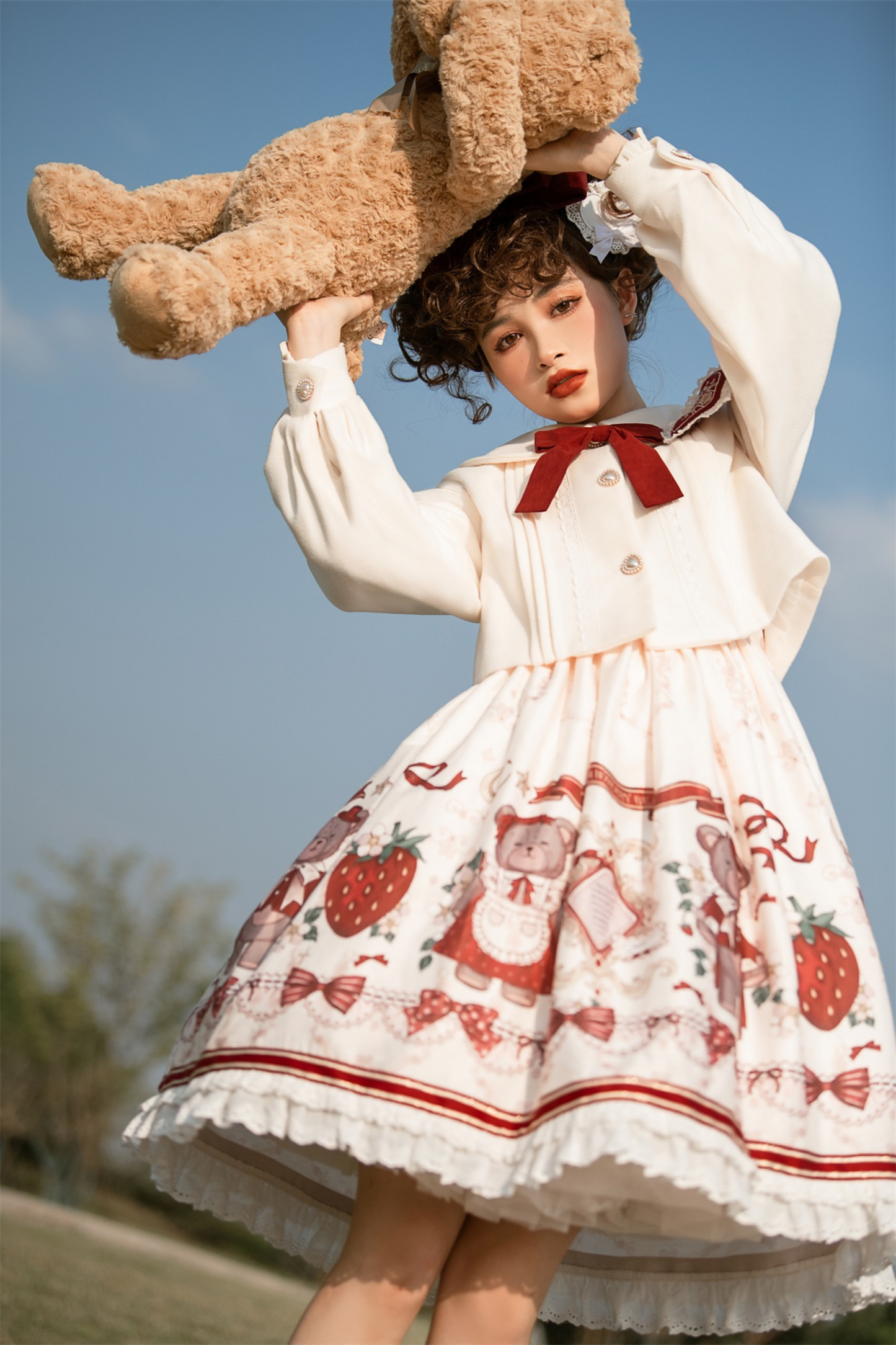 Bear Strawberry Doll Lolita Dress + Short Milk Jacket