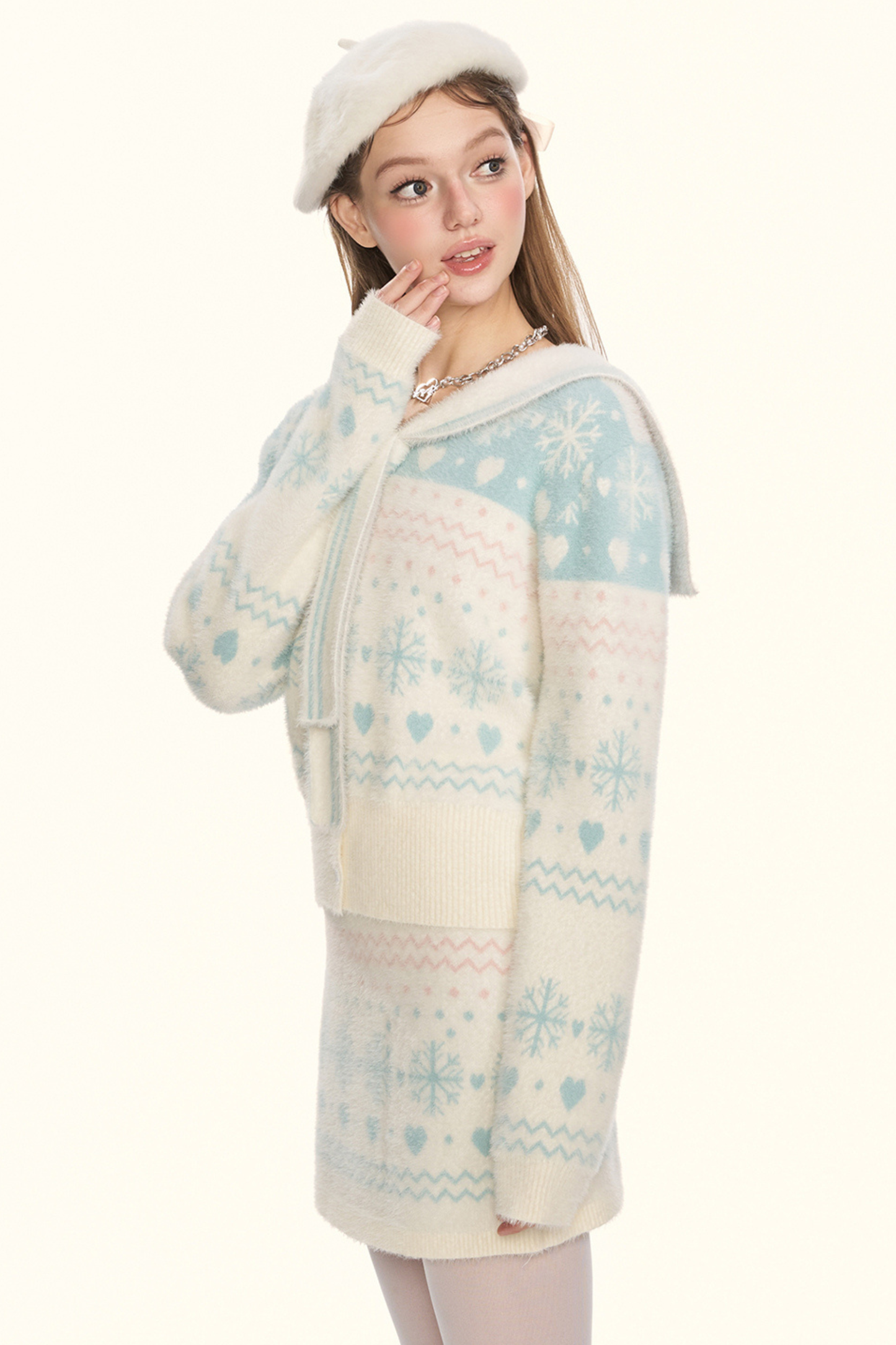 Snowflake sailor collar knit + tight skirt