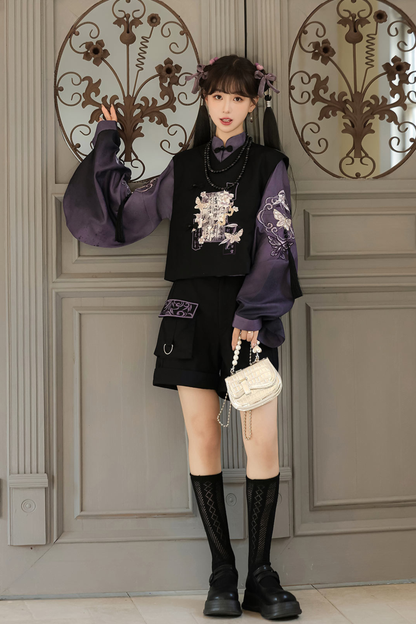 Dark china top + vest + shorts + necklace