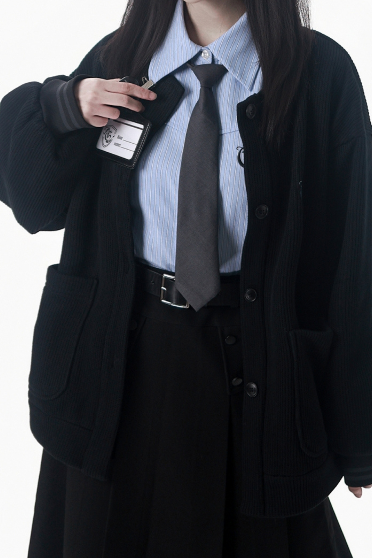 カレッジブルーシャツ+カーディガン+ショートスカート+ロングスカート