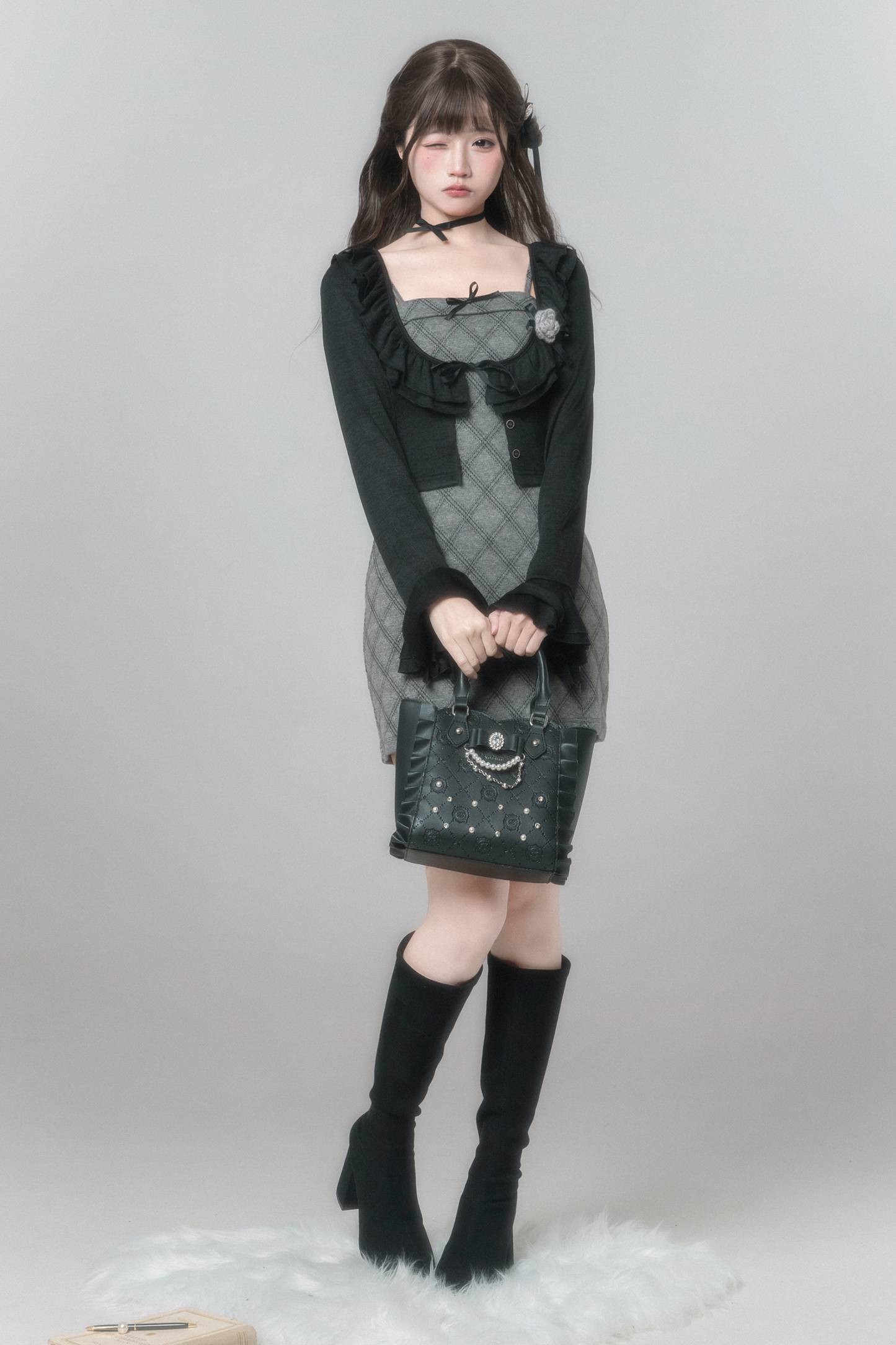 チェックキャミソールドレス+カーディガン