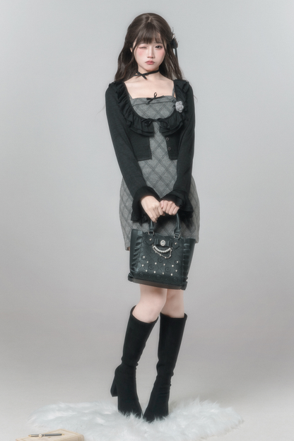 チェックキャミソールドレス+カーディガン