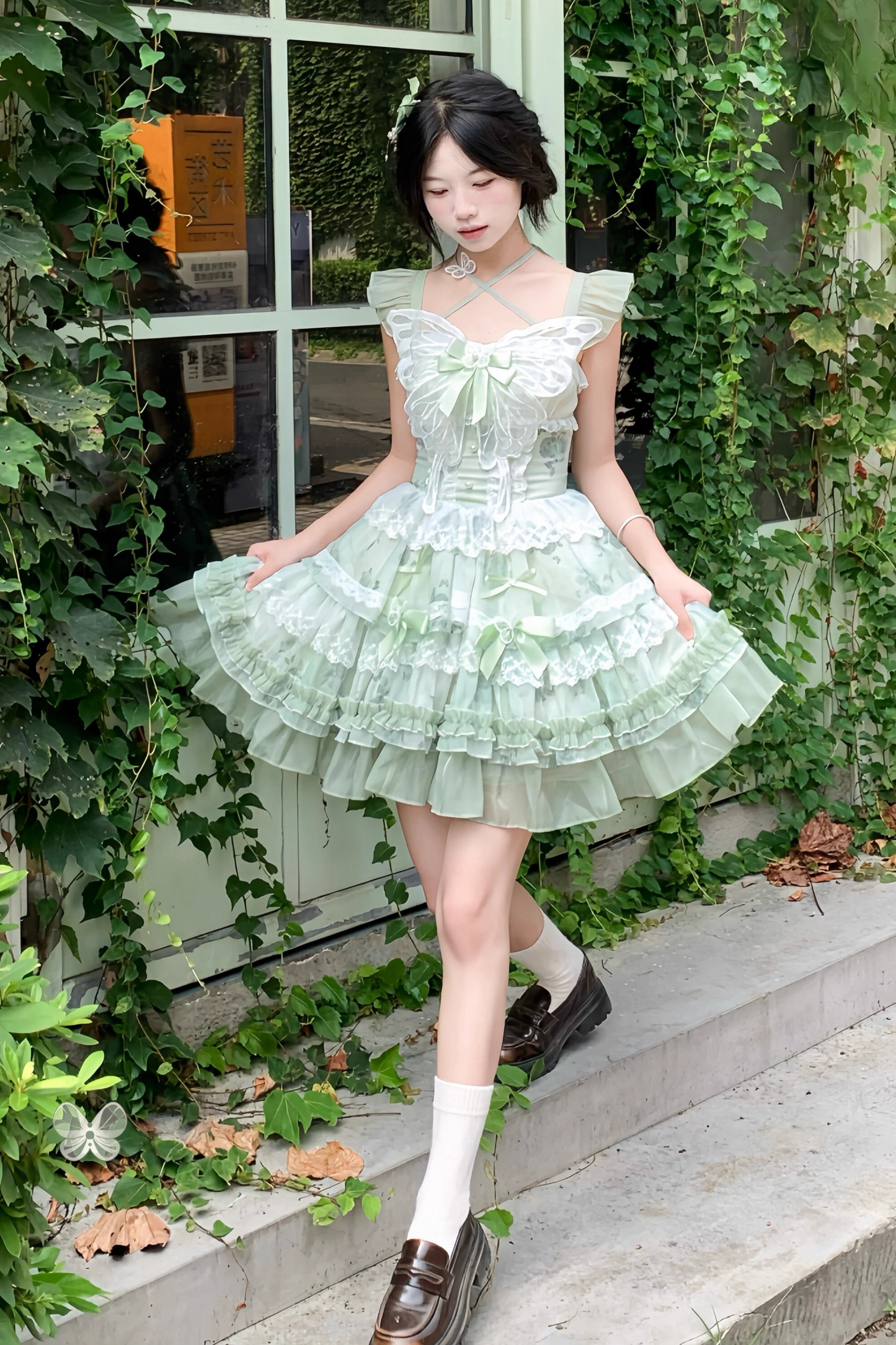 [Reserved product] White Green Butterfly Fairy Dress