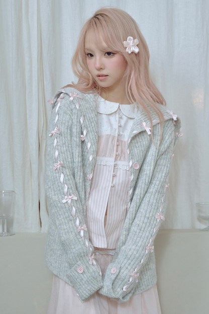 レースアップラインリボンニットカーディガン