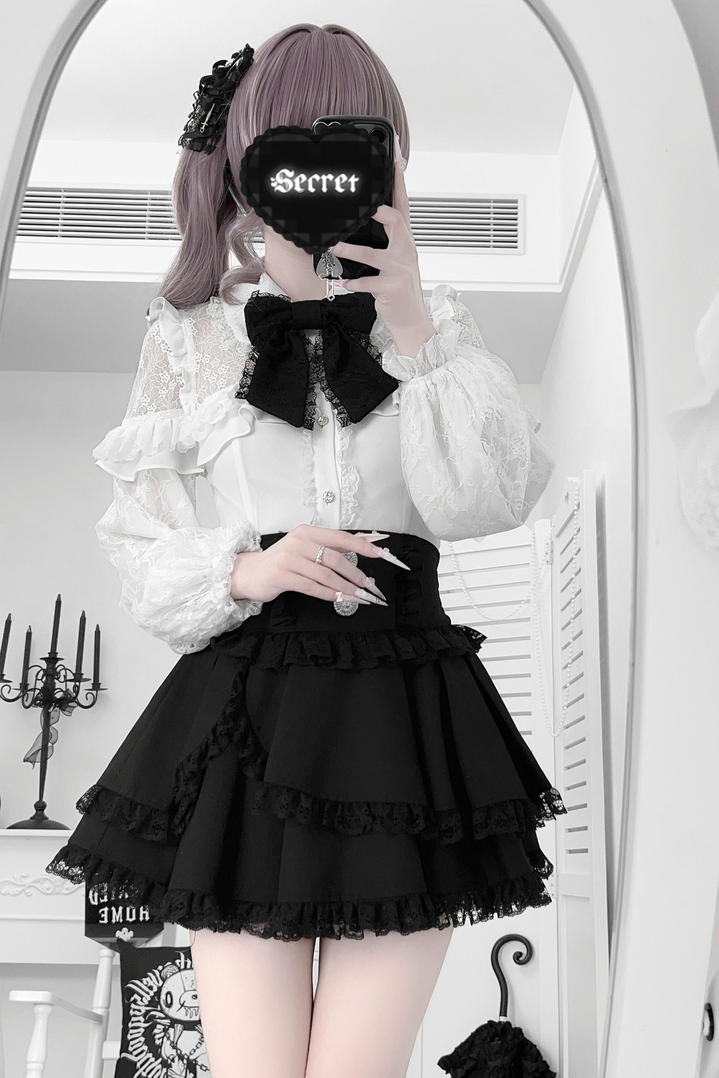 Lace ribbon short skirt