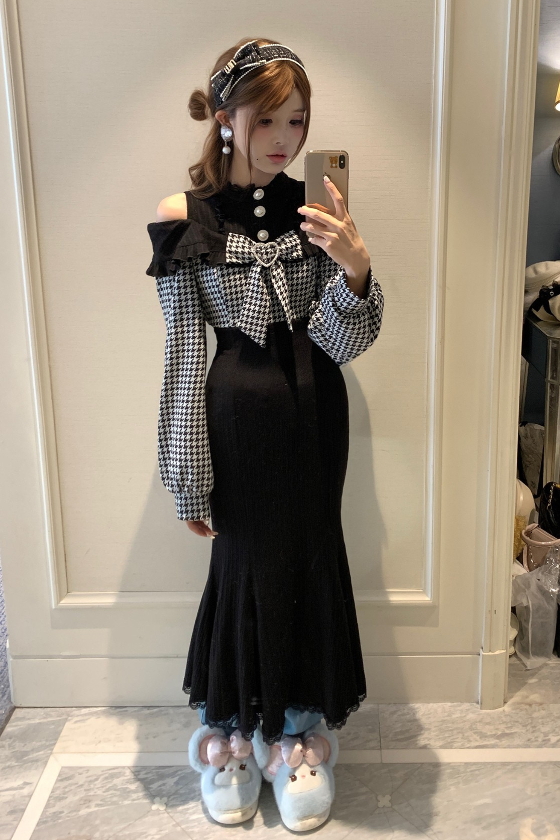 black and white checkered off the shoulder dress Open Shoulder Flounce Flare Dress