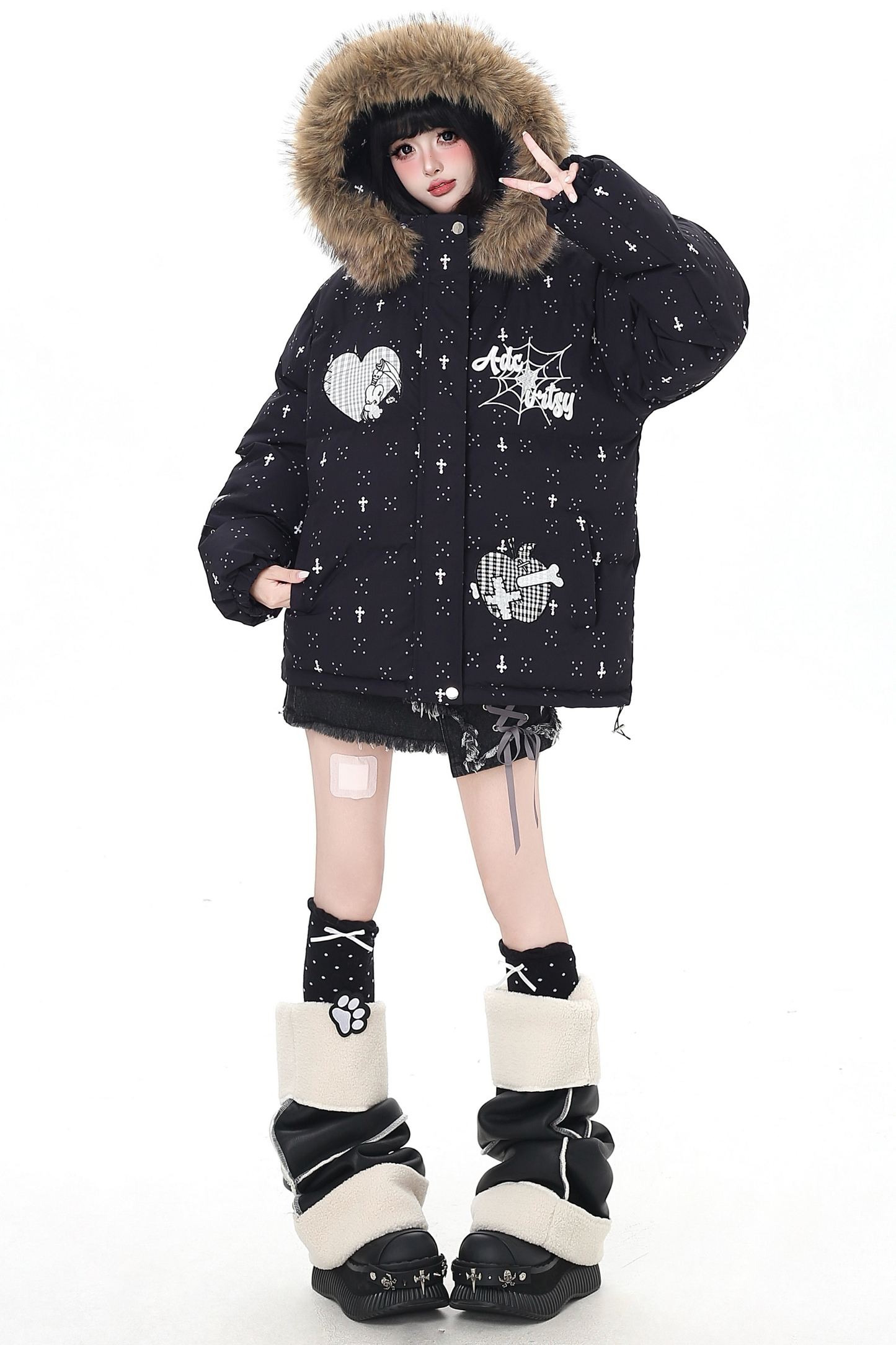 Dark rabbit design fur hooded jacket