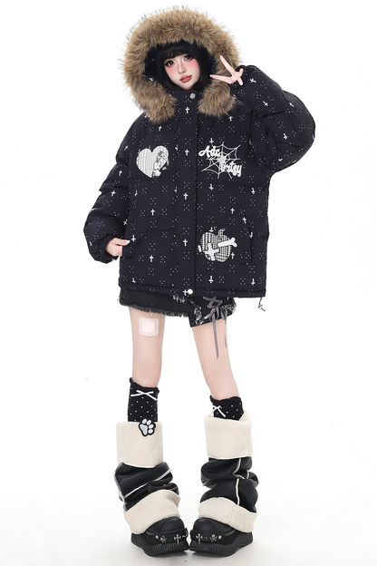 Dark rabbit design fur hooded jacket