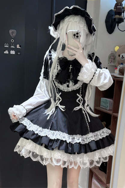 ダークレースアップストライプドロリータドレス+ラビットハット+スリーブ