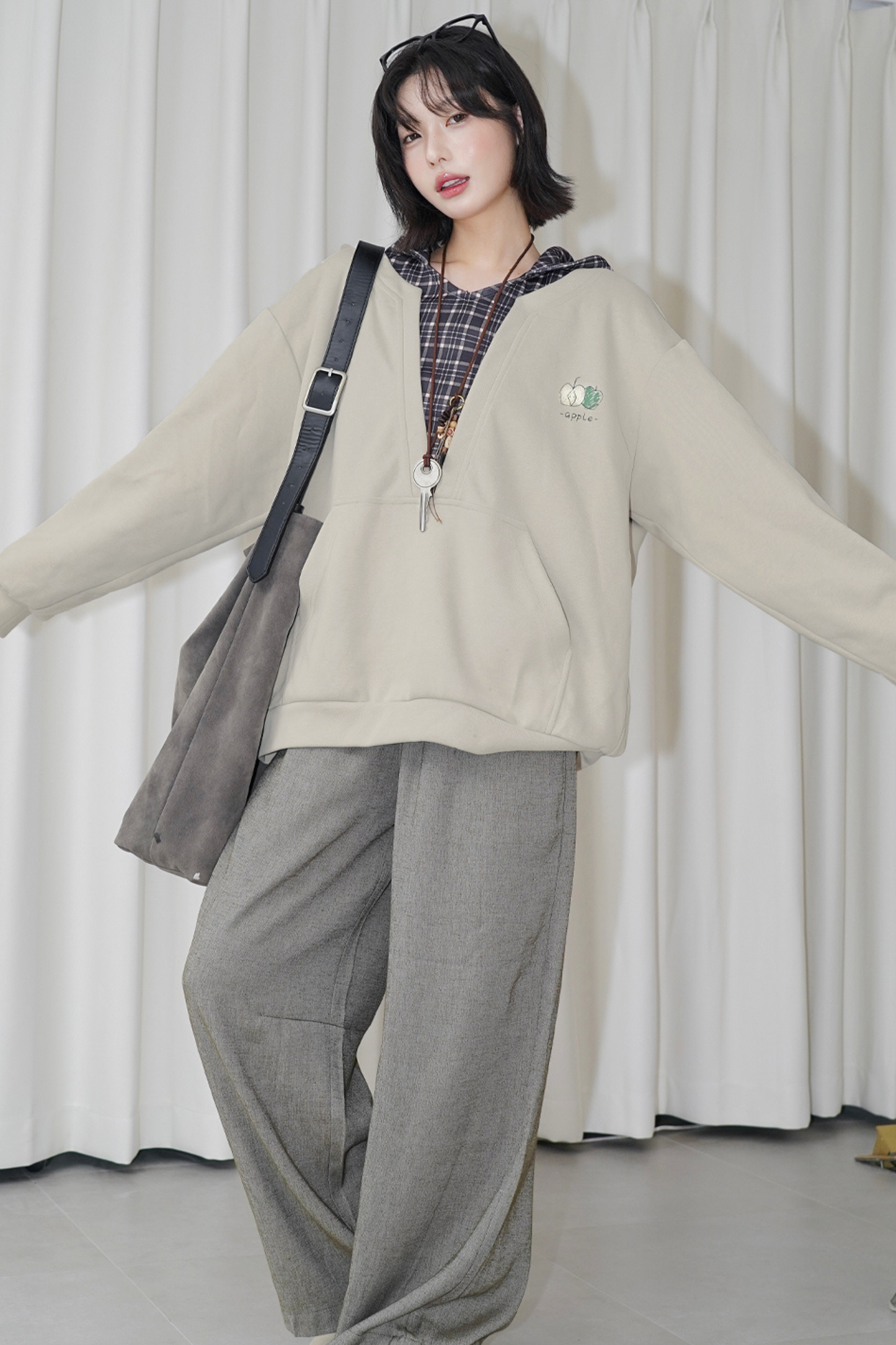 グラビティミュージアムフェイクツーピースチェックフードトップス