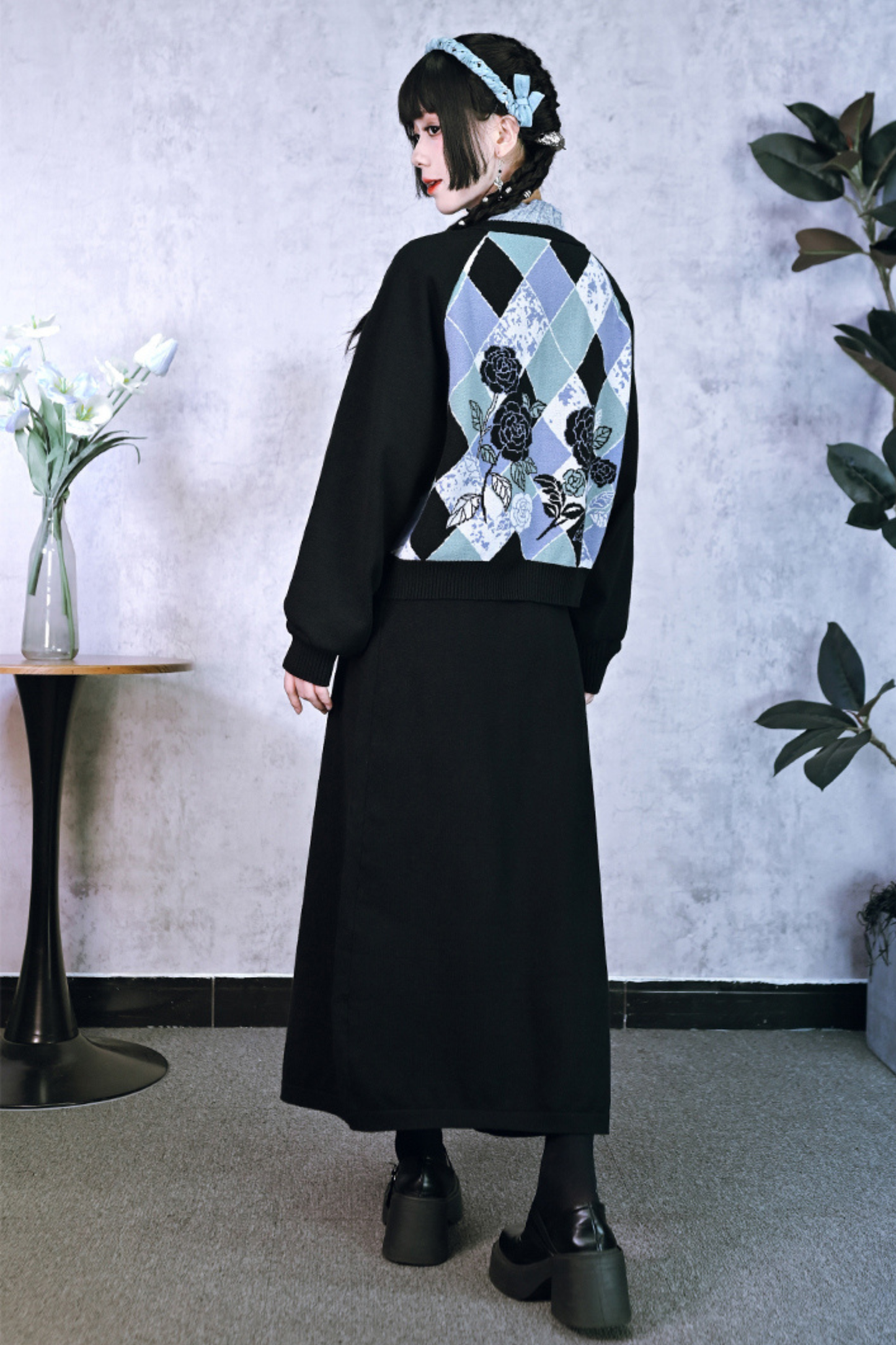 Argyle Flower Cardigan + Asymmetrical Skirt