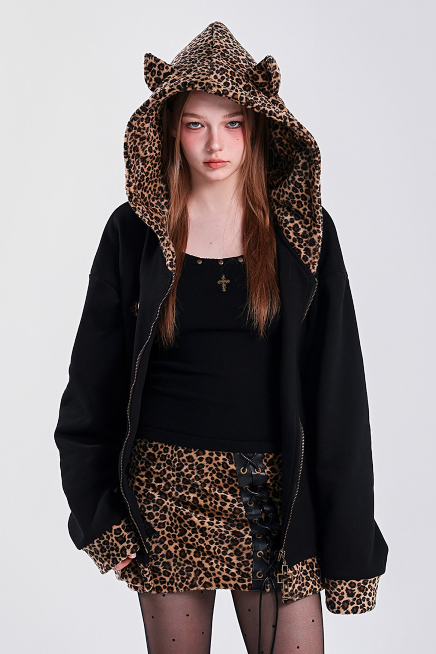 レパードプリントデビルフードパーカー