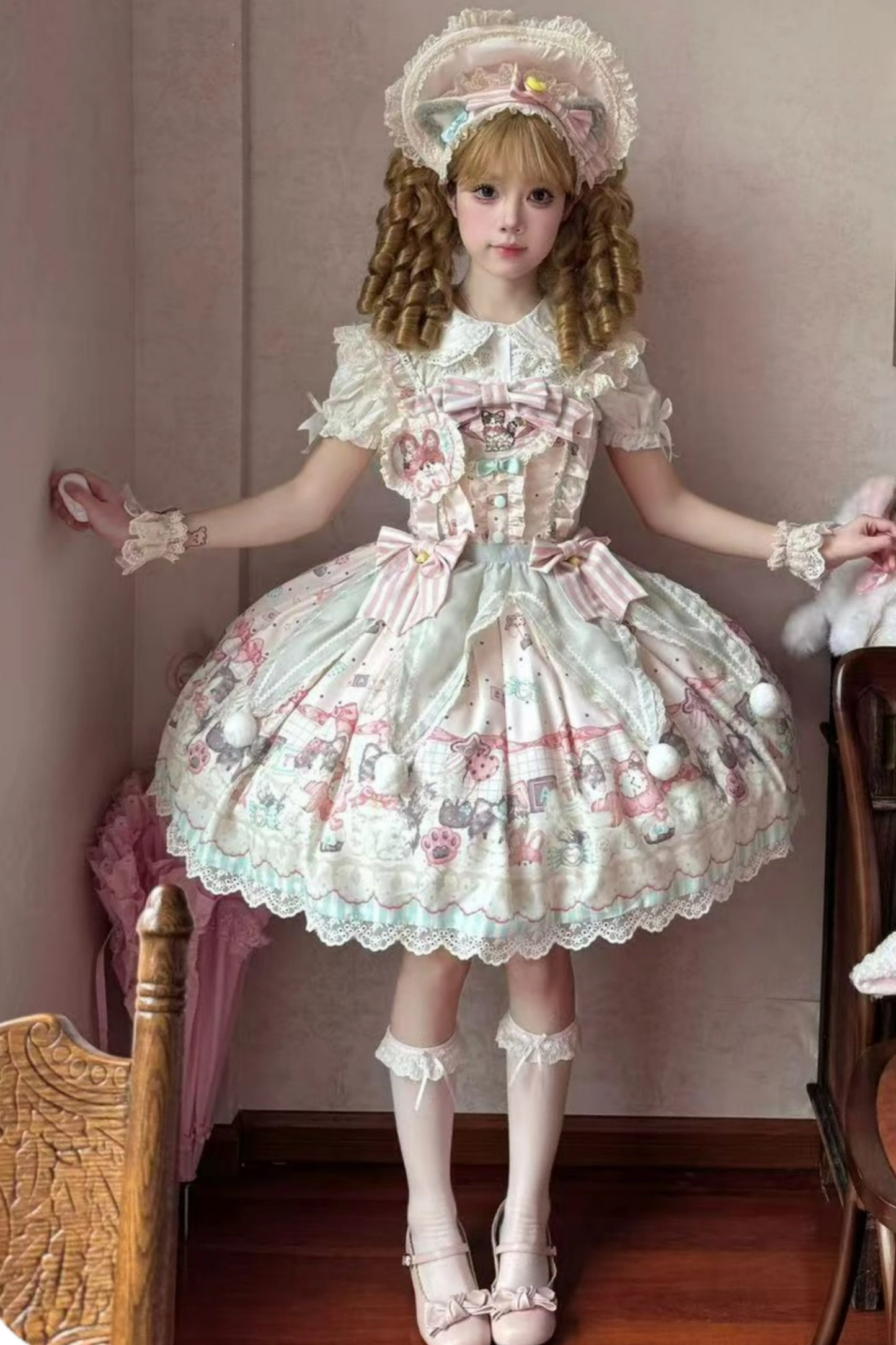 キャビネットロリータジャンパースカート+ドレス+ブローチ+ヘアバンド+ボンネット+エプロン+ハンドスリーブ