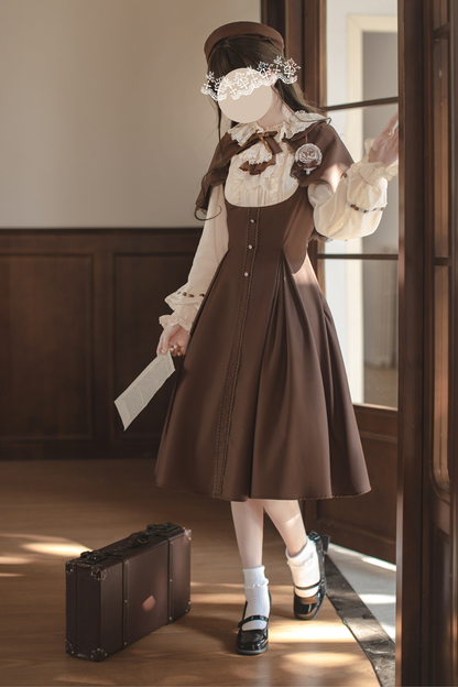 フレンチブラウンヴィンテージロリータドレス+ケープ+ベレー帽+バッジ