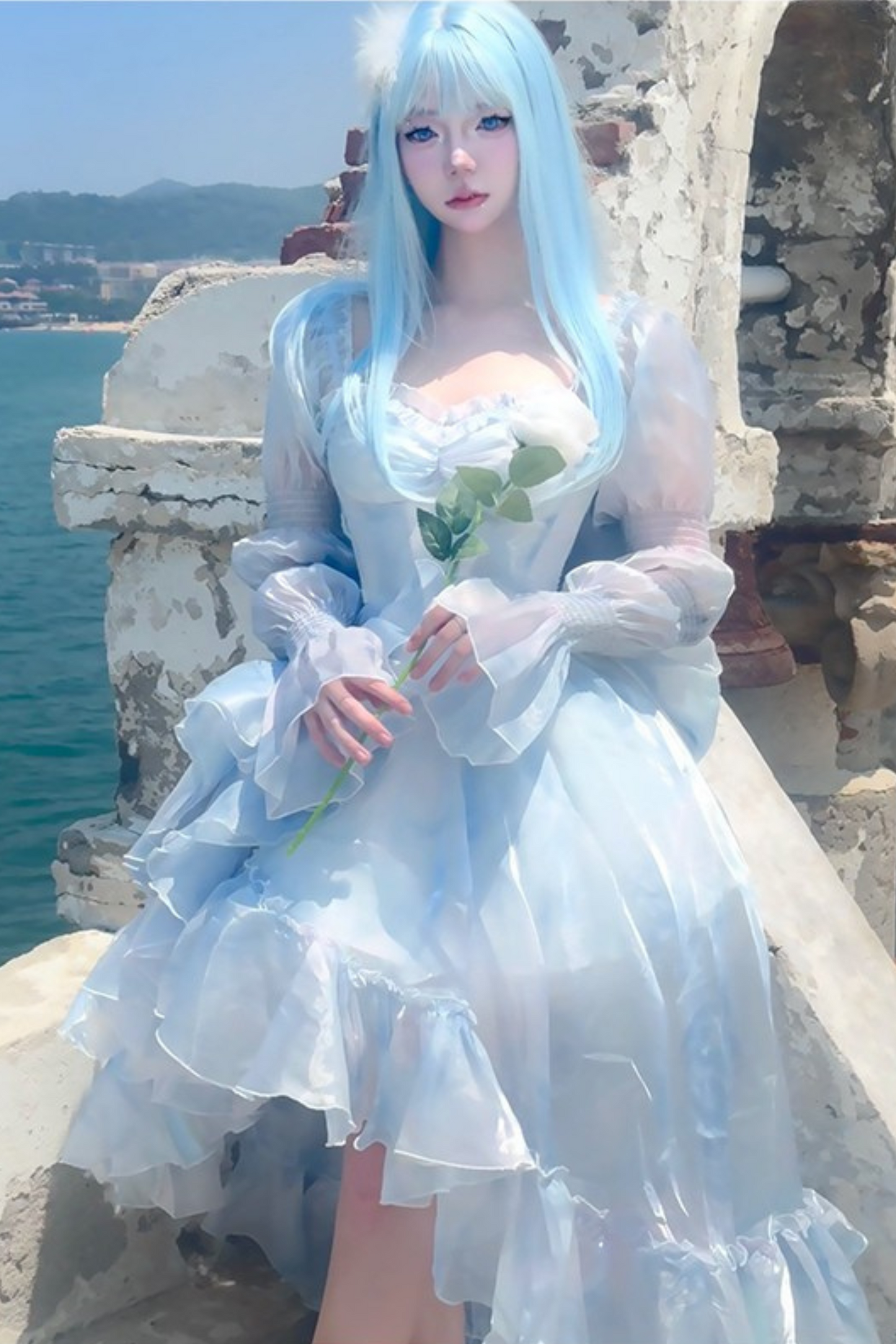 [Pre-order product] Snow Blue Sparkling Series Long Tail Bustier Dress + Back Ribbon