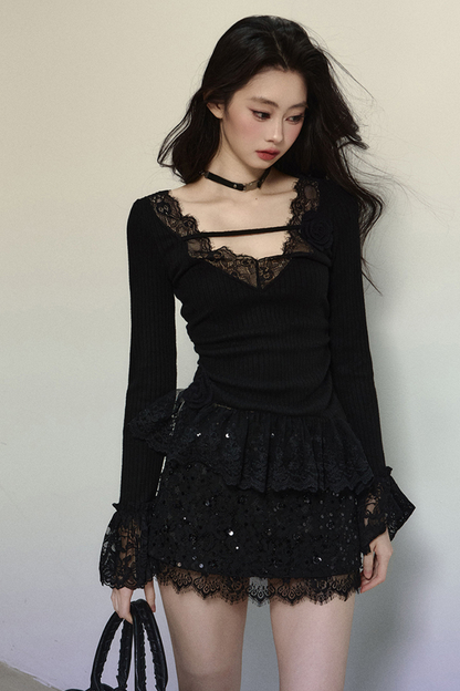 Sequined Lace Tight Skirt