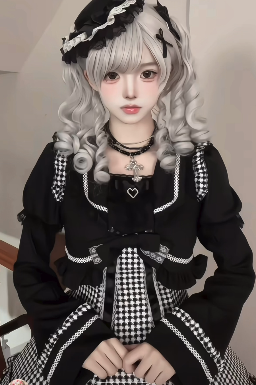 千鳥格子ダークスイートスリーブ付きロリータドレス