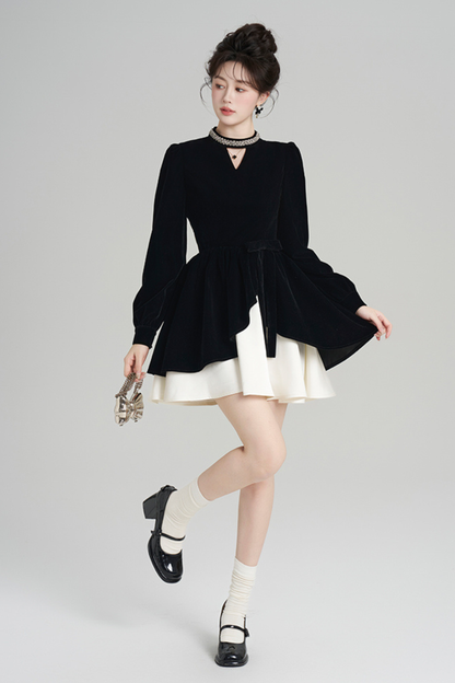 フレンチブラックベルベットラフルドレス