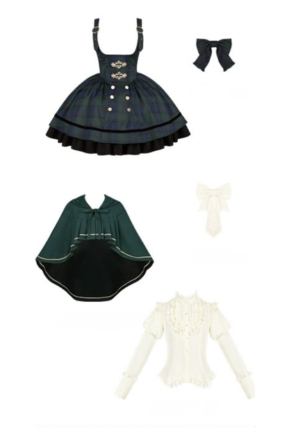 レトロカレッジスタイルチェックロリータスカート＋ジャケット＋マント＋ブラウス＋リボン＋ネックレス