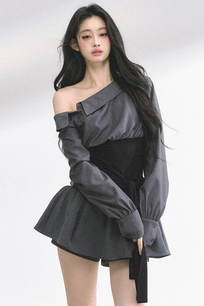 ウエストバンド付きワンショルダーシャツ