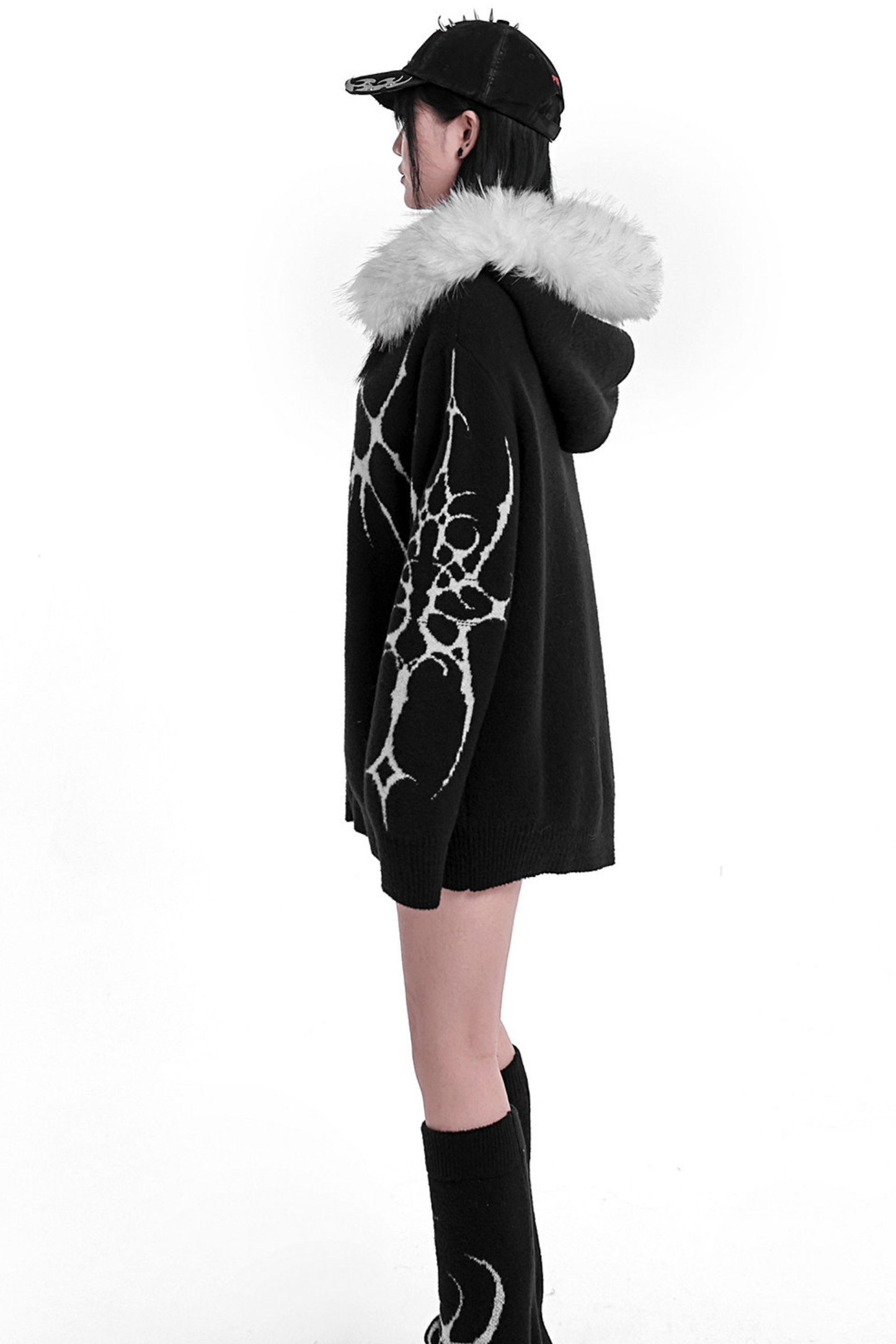 ゴシックファーフードルーズジップカーディガン