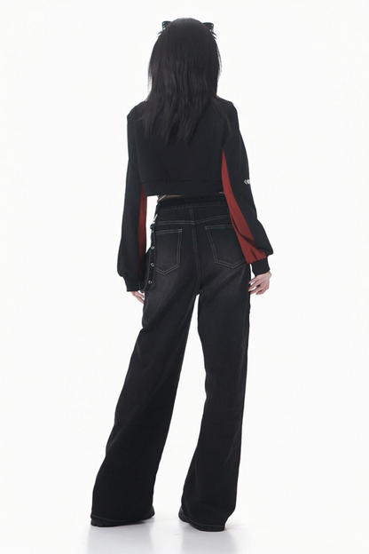 チェッカーボードオートバイジャケット+スウェット+デニムパンツ