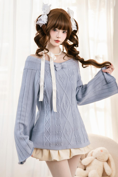 ケーブルオフショルダーニットトップス