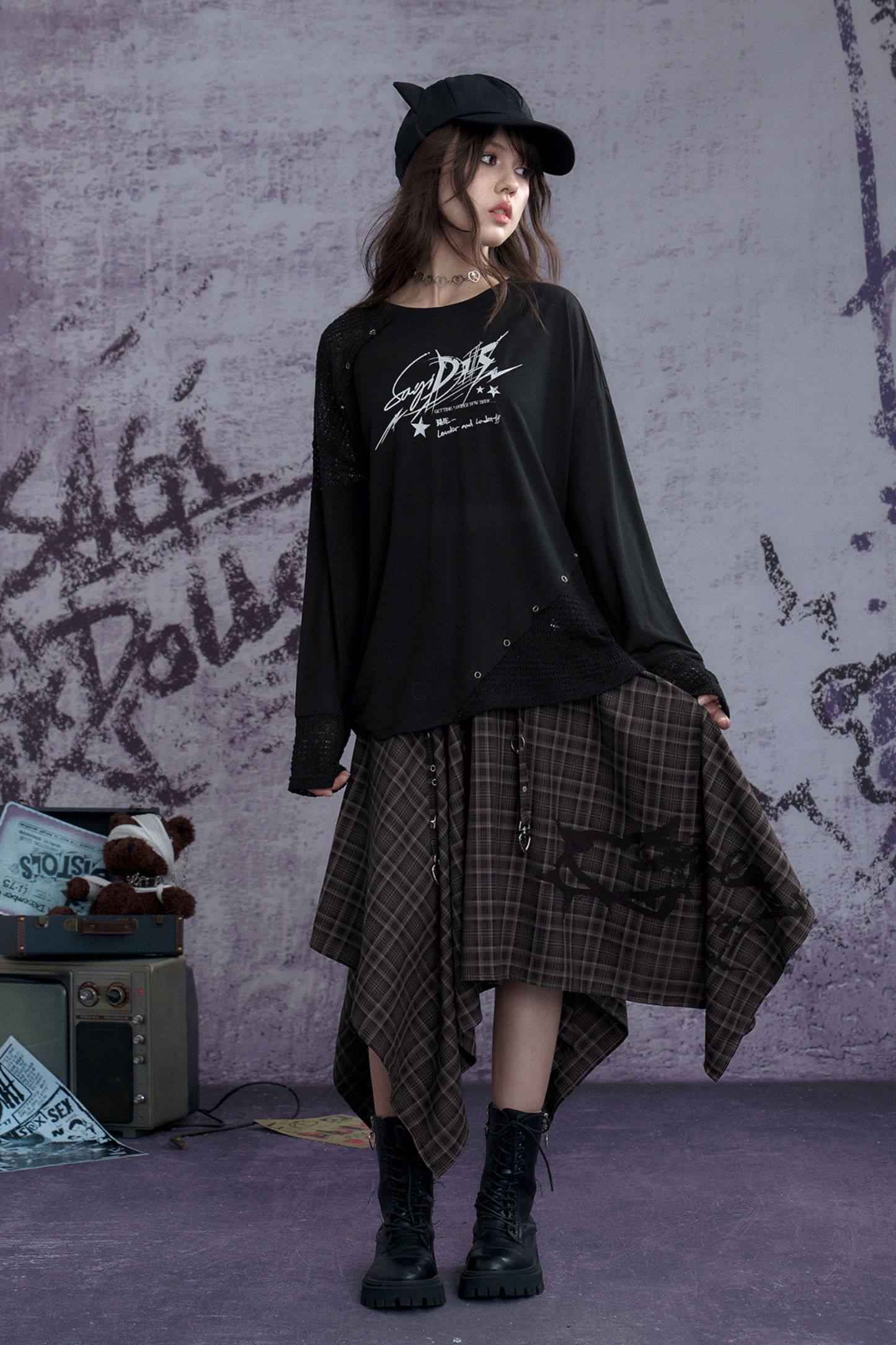 ナイトモードアシメチェックスカート