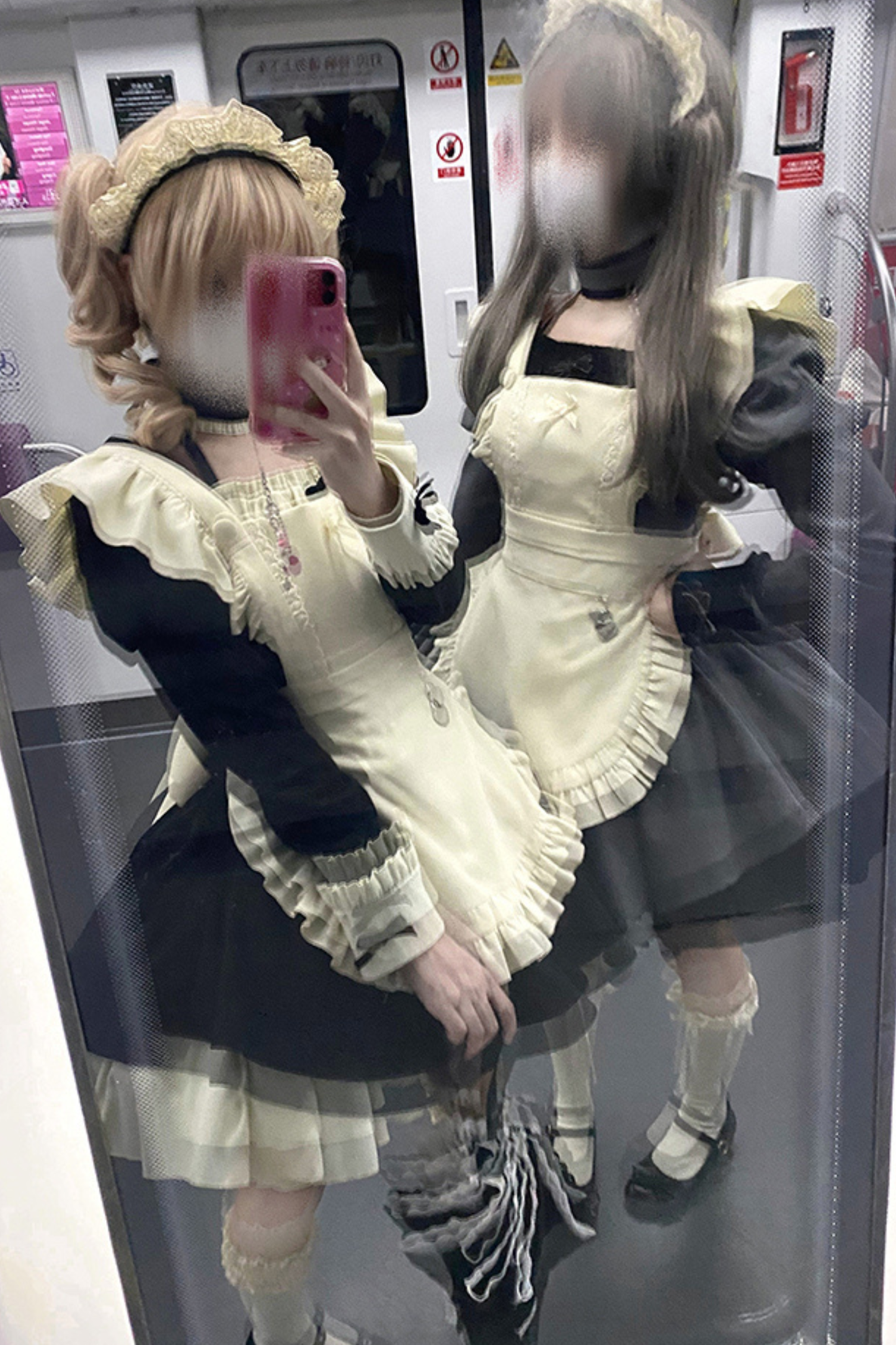 ツインフリルメイドロリータドレス+エプロン+チョーカー+ヘッドバンド+リボン+レッグカバー