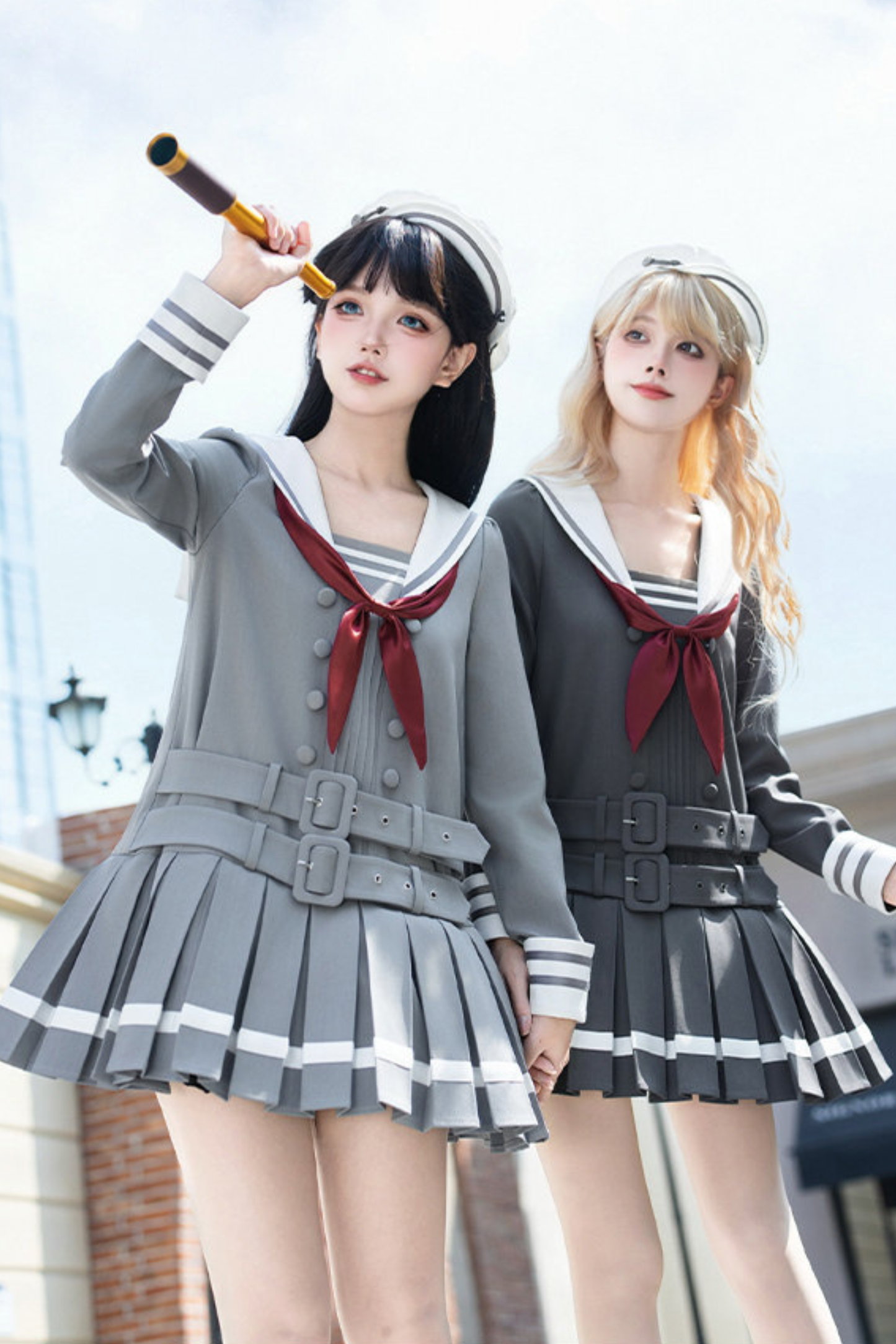Robe collège plissée à col marin + Ruban + Chapeau