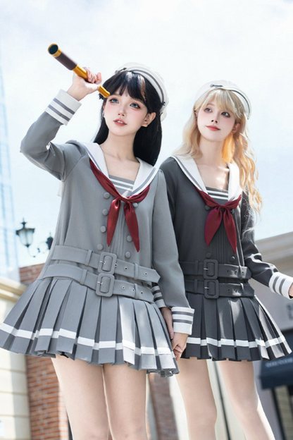 Robe collège plissée à col marin + Ruban + Chapeau