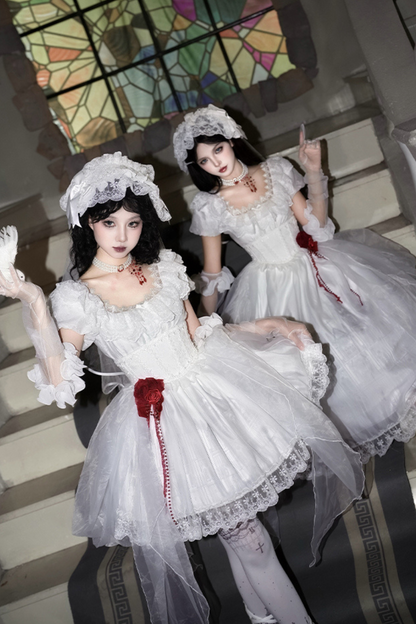 ゴシックツインズロリータドレス＋ハンドスリーブ＋ネックレス＋ヘッドバンド＋ベール＋コルセット＋取り外し可能カーテン＋コサージュ