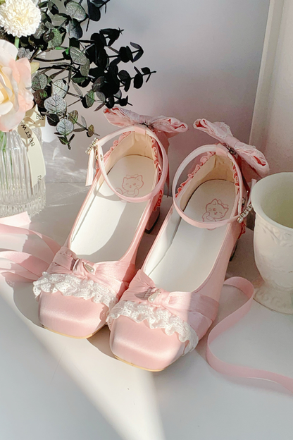 レースアップスクエアトウバレエヒール