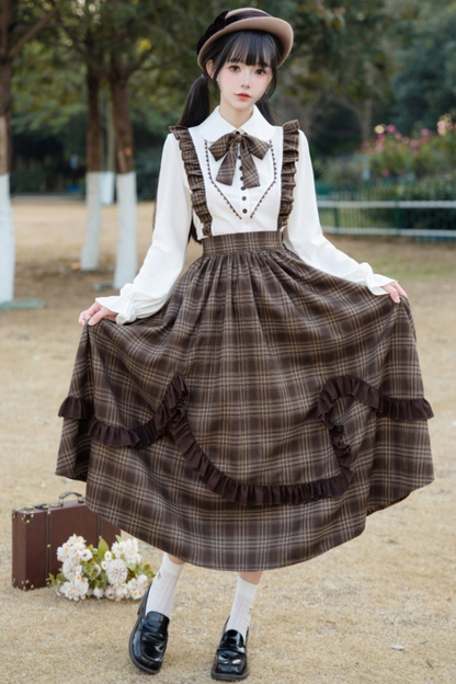 Retro girly check skirt + ruffle blouse