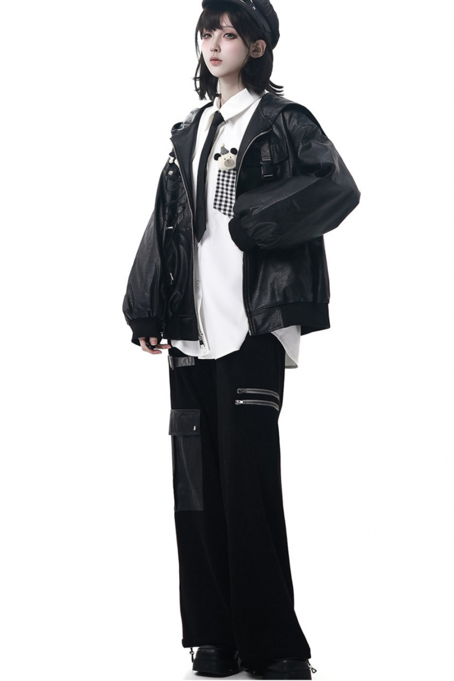 Leather jacket + shirt + long pants + sweatshirt + skirt