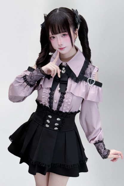[Deadline for reservations: October 15] Open Shoulder Heart Leather Strap Ruffle Ribbon Shirt