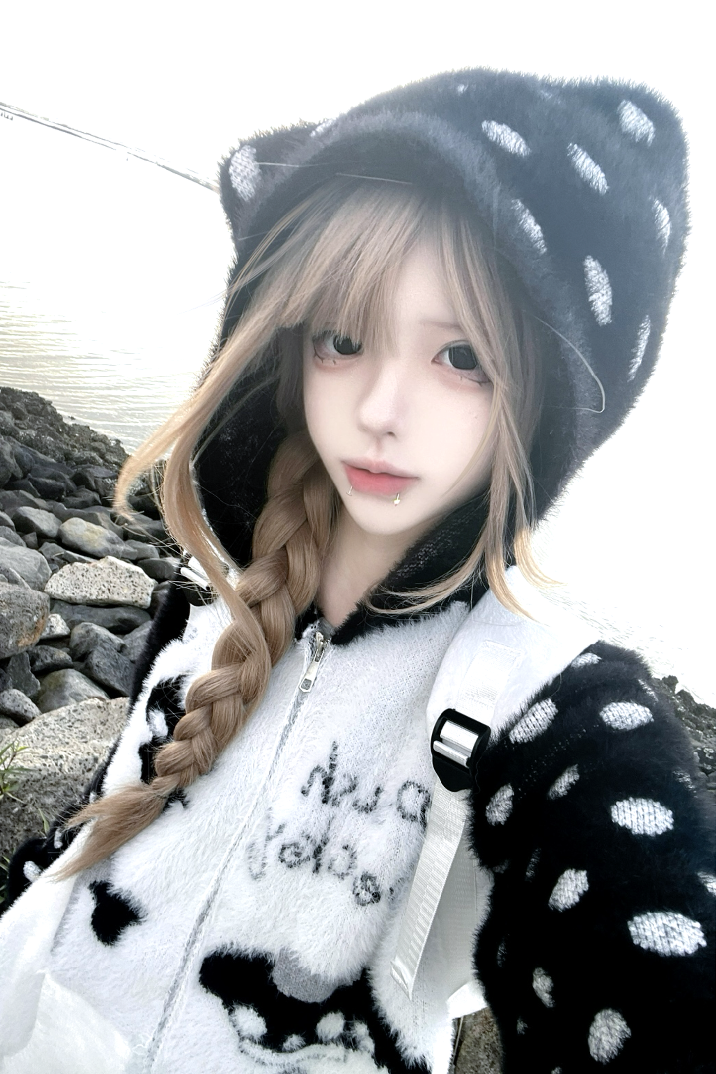 キャットイヤーフードドットデザインニットパーカー