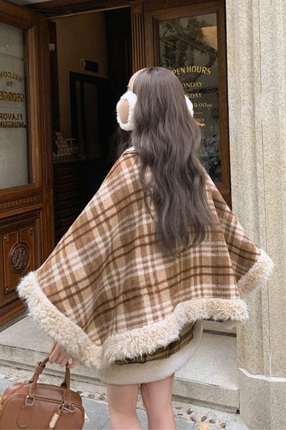 カラーブロックチェックマントコート