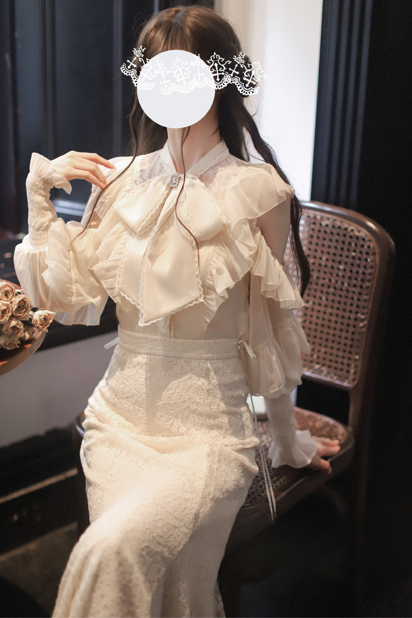 エレガントクリアシフォンビッグリボンシャツ+マーメイドスカート