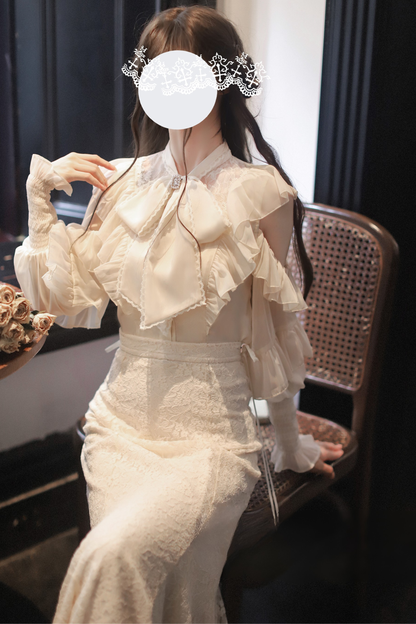 エレガントクリアシフォンビッグリボンシャツ+マーメイドスカート