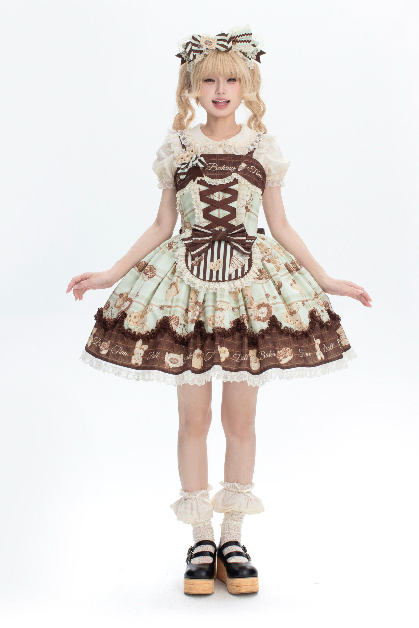 ベアティーパーティーロリータドレス+ジャンパースカート+シャツ+カチューシャ+ブローチ+エプロン