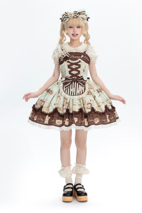 ベアティーパーティーロリータドレス+ジャンパースカート+シャツ+カチューシャ+ブローチ+エプロン